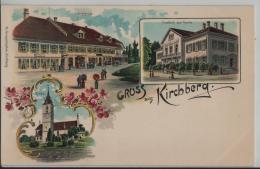 Gruss Aus Kirchberg (Bern) Hauptgasse, Gasthof Zur Sonne, Kirche - Farbige Litho - Kirchberg