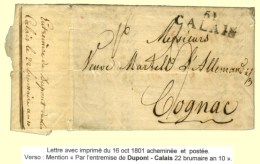 Lettre Avec Texte Daté De Londres 16 Octobre 1801 Acheminée Jusqu'à Calais Pour Cognac. Au... - Andere & Zonder Classificatie