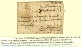 S.Sever (L N°1) Sur Lettre Avec Texte Daté De Montaut Pour Avignon, Au Recto '' 76 Franche ''. 1756. -... - ....-1700: Precursores