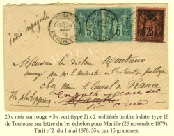 Càd T 18 TOULOUSE / Hte GARONNE / N° 75 (2) + 91 Sur Lettre Pour Manille Réexpédiée... - 1876-1878 Sage (Type I)