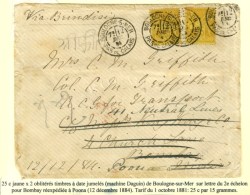 Daguin Jumelés BOULOGNE-S-MER / PAS DE CALAIS / N° 92 (2) Sur Lettre 2 Ports Pour Bombay... - 1876-1878 Sage (Type I)