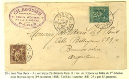 Càd PARIS 11 / AV. DE L'OPERA / N° 67 + 75 Sur Lettre Pour Buenos Aires. 1888. - SUP. - 1876-1878 Sage (Type I)