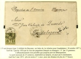 Càd BAYONNE / BASSES PYRENEES / N° 72 Sur Lettre Pour Guadalajara (Mexique), Taxe 25c Pour Le Port... - 1876-1878 Sage (Type I)