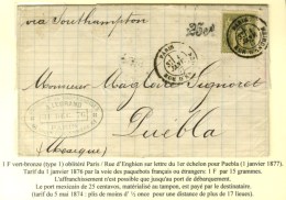 Càd PARIS / RUE D'ENGHIEN / N° 72 Sur Lettre Pour Puebla (Mexique), Taxe 25c Pour Le Port Mexicain.... - 1876-1878 Sage (Type I)
