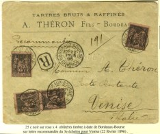 Càd BORDEAUX-BOURSE / GIRONDE / N° 97 (4) Sur Lettre Recommandée 3 Ports Pour Venise. 1896. - TB... - 1876-1878 Sage (Type I)