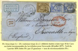 Càd CAEN / CALVADOS / N° 69 + 78 (2) Sur Lettre Recommandée Pour New Castle. 1877. - TB. - R. - 1876-1878 Sage (Type I)