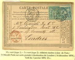 Càd PARIS / ST MANDE PARIS / N° 65 + 75 Sur CP Pour Londres. 1878. - TB / SUP. - 1876-1878 Sage (Tipo I)