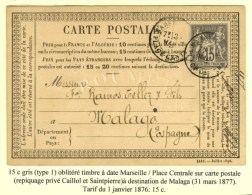 Càd MARSEILLE / PLACE CENTRALE / N° 66 Sur CP Pour Malaga (repiquage Privé Caillol Et... - 1876-1878 Sage (Type I)