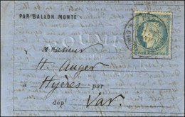 Càd PARIS / R. CARDINAL LEMOINE 27 JANV. 71 / N° 37 Sur Lettre PAR BALLON MONTE Pour Hyères... - Oorlog 1870