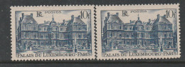 FRANCE N° 760 10F BLEU PALAIS DU LUXEMBOURG 2 NUANCES DIFFERENTES NEUF SANS CHARNIERE - Unused Stamps