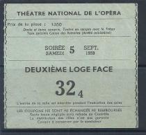Ticket Of The Théâtre National De L'Opéra De Paris, Of September 5, 1959. Theater. Music. Opera. Garnier Palace. - Tickets - Vouchers