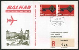 1968 Liechtenstein, Primo Volo First Fly Ersteflug Bulgarian Airlines Zurigo - Sofia,  Timbro Di Arrivo - Brieven En Documenten