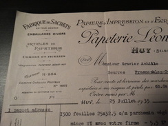 Facture : Papeterie Léonet à Huy Papiers D'impression Et D'écriture-Fabrique De Sachets.-1935- - Druck & Papierwaren
