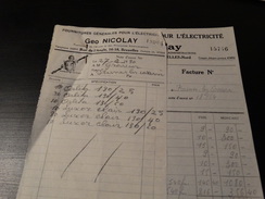 Facture :Fournitures Générales Pour L'électricité.GEO.Nicolay à Bruxelles-Nord.-1930- - Elektriciteit En Gas