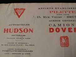 Facture :Automobiles HUDSON - Camions DOVER - Automobiles ESSEX à Bruxelles .-1930- - Automobilismo