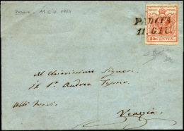 1850 - 15 Cent. Rosso, I Tiratura (3a), Perfetto, Su Sovracoperta Di Lettera Da Padova 11/6/1850 A V... - Lombardo-Vénétie