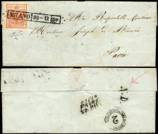 1850 - 15 Cent. Rosso, I Tipo, I Tiratura (3a), Perfetto, Su Fresca Lettera Da Milano 22/12/1850 A P... - Lombardo-Vénétie