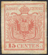 1850 - 15 Cent. Rosso, I Tipo (3), Gomma Originale, Lievi Ossidazioni. Raro. A. Diena.... - Lombardo-Vénétie