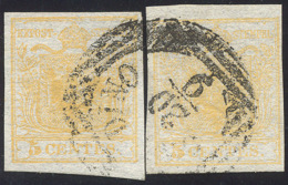 1850 - 5 Cent. Giallo Arancio (1g), Due Esemplari Di Tinte Leggermente Diverse, Perfetti, Usati A Ga... - Lombardo-Vénétie