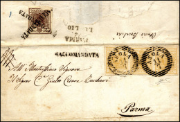 1852 - 5 Cent. Giallo Ocra, Striscia Di Tre, Perfetta, 30 Cent. Bruno, I Tipo, Difettoso In Basso (1... - Lombardo-Vénétie