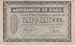 BILLETE DE 25 CTS DEL AJUNTAMENT DE BAGA DEL AÑO 1937 (BANKNOTE) - Other & Unclassified