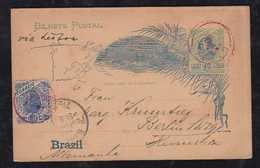 Brazil Brasil 1895 Uprated Stationery Card BAHIA To BERLIN Germany Red Postmark - Storia Postale