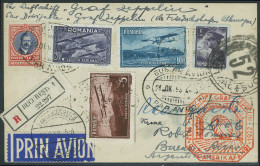 Lettre Zeppelin 9 SAF 1932, CP Illustrée Recommandée Càd Bucuresti 21 OK 32 Et Càd De... - Andere & Zonder Classificatie