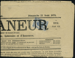 Lettre N° 2, 2c Bleu Coin De Feuille Obl Sur Journal Entier Le Glaneur 21 Aout 70, T.B. - Autres & Non Classés