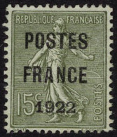Neuf Sans Gomme N° 37a, 15c Vert Bronze Postes France 1922, Superbe, Rare Ainsi. - Autres & Non Classés