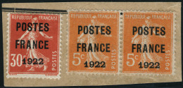 Fragment N° 36 Paire Du 5c + N° 38  30c Rouge Postes France 1922, S/même Fragment.  T.B. Rare. - Autres & Non Classés