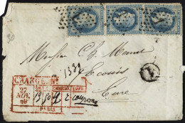 Lettre N° 29A, 20c Bleu Napoléon Lauré, Type I, Bande Vert. De 3 Sur Lettre Chargée,... - Autres & Non Classés