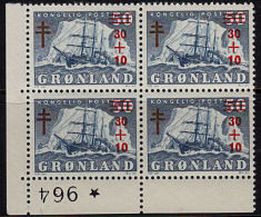 F0001 GREENLAND 1958, SG 43  Royal TB Relief Fund, MNH Corner Block Of 4 - Ungebraucht