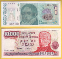 ARGENTINE - Lot De 2 Billets: 10000 Pesos Et 1 Austral. NEUF - Argentinien