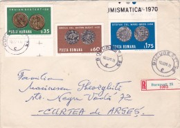 T350  COINS STAMPS ON RGD COVER VERY RARE!1970 ROMANIA. - Briefe U. Dokumente