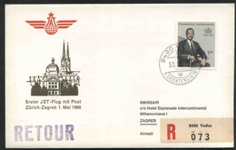 1966 Liechtenstein, Primo Volo Firs Fly Erste Flug JAT Zurigo - Zagabria, Timbro Di Arrivo - Storia Postale