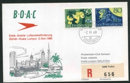 1968 Liechtenstein, Primo Volo First Fly Erste Flug B.O.A.C. Zurigo - Kuala Lampur, Timbro Di Arrivo - Storia Postale