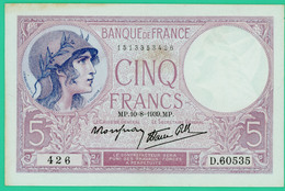 Cinq Francs - France - Violet Type 1917 - 10-8-1939 - N°. 426 - D.60535 - TTB+ - - 5 F 1917-1940 ''Violet''