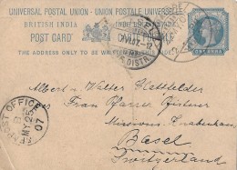BRITISH INDIA  - BASEL / SWITZERLAND → POST CARD, One Anna 25.05.1907 - Inland Letter Cards