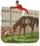 Découpis Gaufré, Brillant, Cheval Redingote Haut De Forme, Chien De Chasse Plongeant Dans Trou,13.5cm X 12cm - Animali