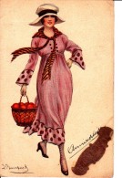 Jolie Jeune Femme Tenant Un Panier De Fruits Anniversaire Illustrateur S.Bompard  Cpa - Bompard, S.