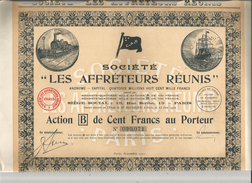 ACTION DE CENT FRANCS AU PORTEUR DES AFFRETEURS REUNIS PARIS 1921 (ILLUSTRATION TRAIN DRAPEAU ET BATEAU) - Verkehr & Transport