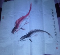 Véritable Peinture Traditionnelle Chinoise Sur Papier De Riz (Painting On Rice Paper) Poissons - Aziatische Kunst