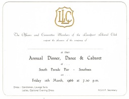 RB 1130 -  1966 Invitation Landport Liberal Club Dinner & Dance - Southsea Portsmouth - Autres & Non Classés