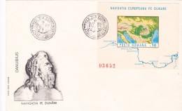 #T392  NAVIGATION OF THE DANUBE,MAP,IMPERFORATED BLOCK 1977 COVER FDC ,ROMANIA. - FDC