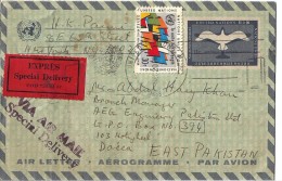 United Nations Air Letter Aerogramme 11¢ Bird Over Airplane 1st Flight New York To East Pakistan - Cartas