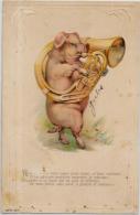 CPA Ancienne Cochon Pig Circulé Gaufré Musique Position Humaine - Varkens