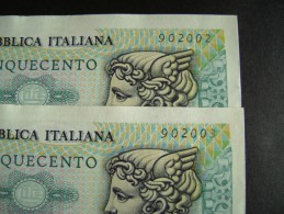 Lotto 2 Banconote Serie Consecutive  500 LIRE MERCURIO 1976 FDS - 500 Lire