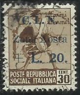 ITALIA REGNO CLN COMITATO LIBERAZIONE NAZIONALE AOSTA 1944 REPUBBLICA SOCIALE SOPRASTAMPATO LIRE 20 SU CENT. 30 USED - Comité De Libération Nationale (CLN)