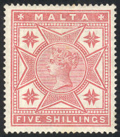 Sc.14, 1886 Queen Victoria And Maltese Crosses 5S. Rose, Mint, Fine Quality, Catalog Value US$125. - Malta