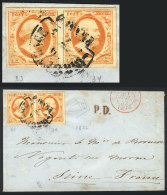 Sc.3, 1852 15c. Orange, Pair (types 33 And 34) Franking A Cover Sent To France, VF Quality! - Brieven En Documenten